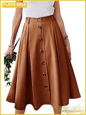 Pleated A-Line Midi Skirt Elastic Waist Button Front Flared Skirt Pockets